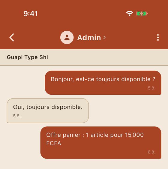 Une discussion dans Wayoo avec une offre de prix envoyée au vendeur.